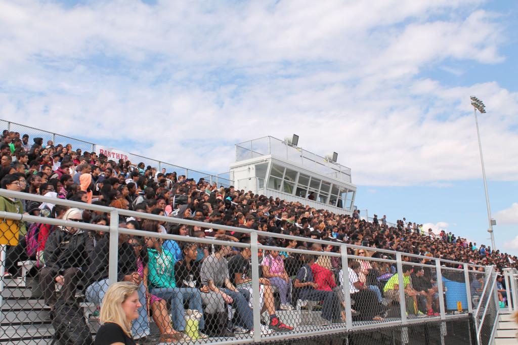 The+entire+student+body+gathered+in+the+stands+for+the+first+pep+rally+of+the+school+year.