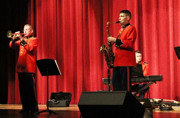 The U.S. Marine Corps Jazz Band performed for students and then spent time discussing their work.