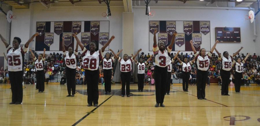 PB Cheer pumps up the crowd during the Pep Rally.