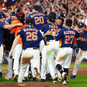 The Houston Astros celebrate after winning the 2022 World Series against the Philadelphia Phillies.